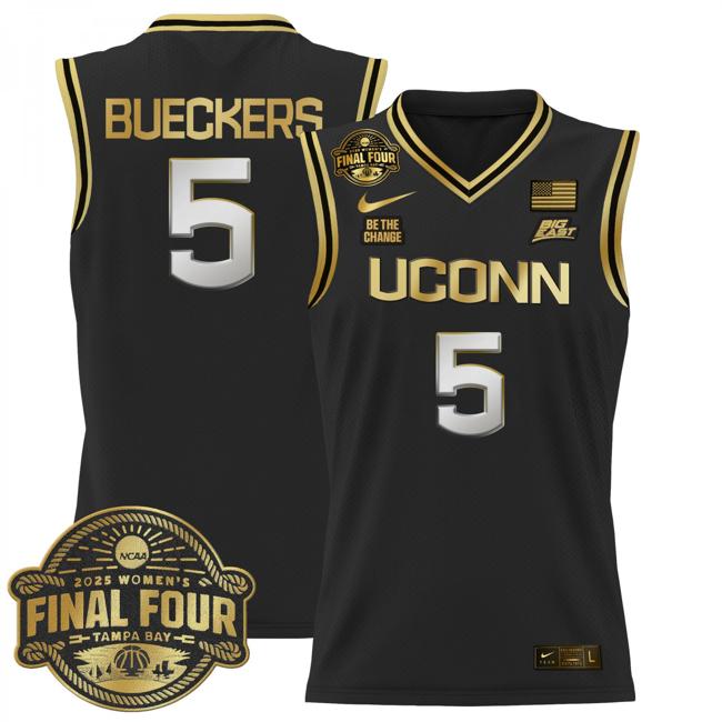 Women's Nike Paige Bueckers Jersey #5 UConn Huskies 2025 NCAA Women's Basketball Big East Final Four Patch Black Gold