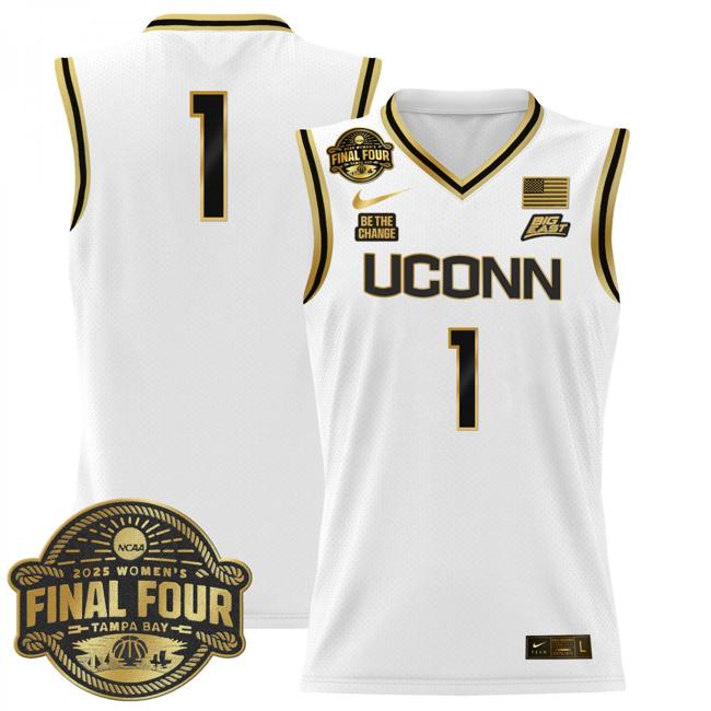 Women's Nike Team Jersey #1 UConn Huskies 2025 NCAA Women's Basketball Big East Final Four Patch Stitched White Gold