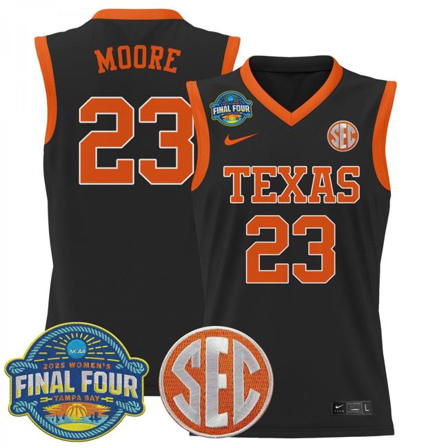 Women's Nike Aaliyah Moore Jersey #23 Texas Longhorns 2025 NCAA Women's Basketball Sec Final Four Patch Black