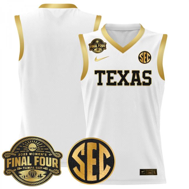 Women's Nike Team Jersey Texas Longhorns 2025 NCAA Women's Basketball Sec Final Four Patch Stitched White Gold