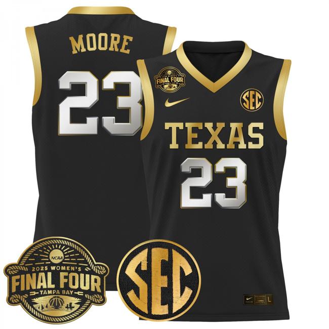 Women's Nike Aaliyah Moore Jersey #23 Texas Longhorns 2025 NCAA Women's Basketball Sec Final Four Patch Black Gold