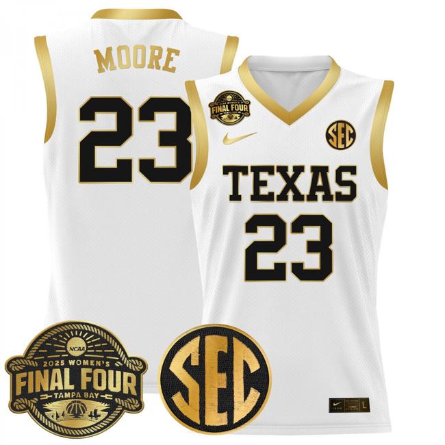 Women's Nike Aaliyah Moore Jersey #23 Texas Longhorns 2025 NCAA Women's Basketball Sec Final Four Patch White Gold