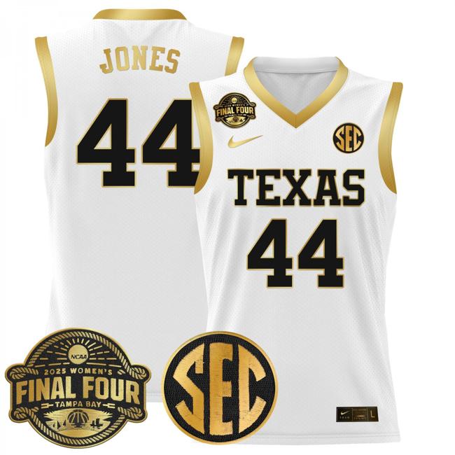 Women's Nike Taylor Jones Jersey #44 Texas Longhorns 2025 NCAA Women's Basketball Sec Final Four Patch White Gold