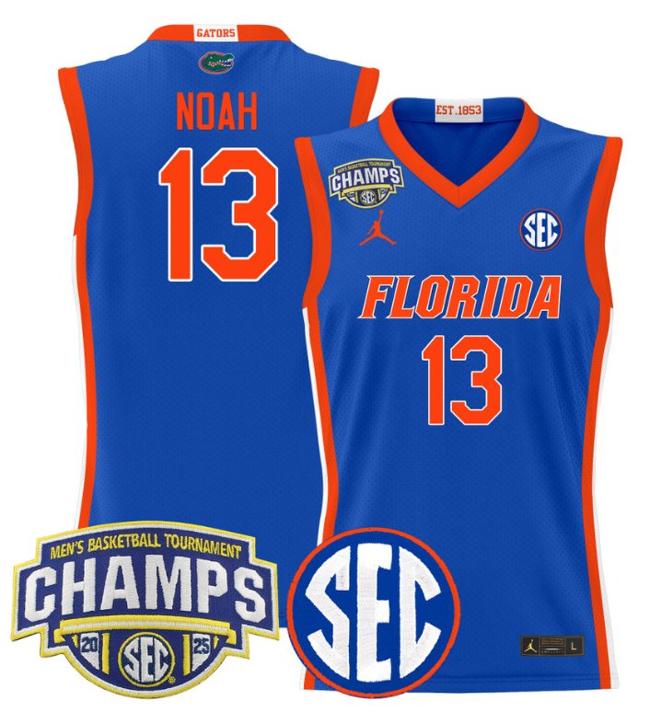 Men's Jordan Brand Joakim Noah #13 Florida Gators 2025 NCAA Men's Basketball Tournament Champions Patch Royal Stitched Jersey