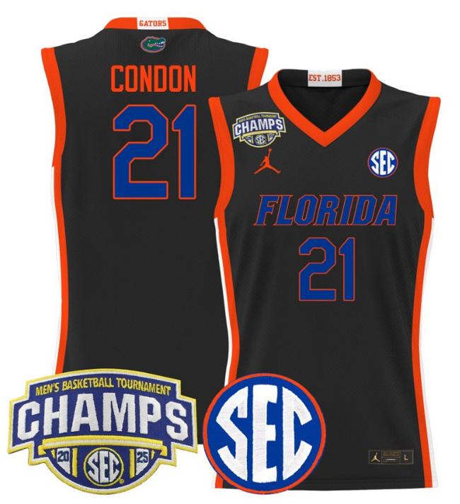 Men's Jordan Brand Alex Condon #21 Florida Gators 2025 NCAA Men's Basketball Tournament Champions Patch Black Stitched Jersey