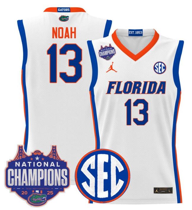 Men's Jordan Brand Joakim Noah #13 Florida Gators 2025 NCAA Men's Basketball National Champions Patch White Stitched Jersey