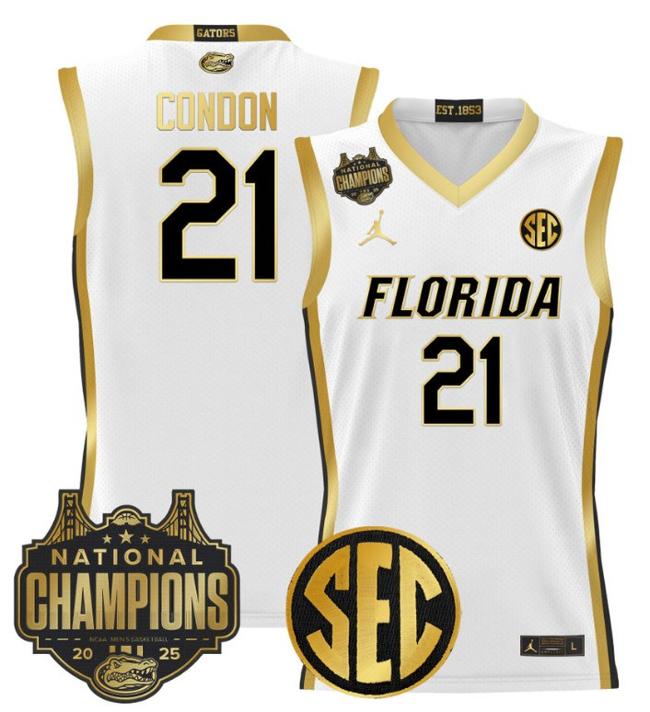 Men's Jordan Brand Alex Condon #21 Florida Gators 2025 NCAA Men's Basketball National Champions Patch White Gold Stitched Jersey