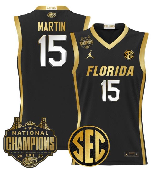 Men's Jordan Brand Alijah Martin #15 Florida Gators 2025 NCAA Men's Basketball National Champions Patch Black Gold Stitched Jersey