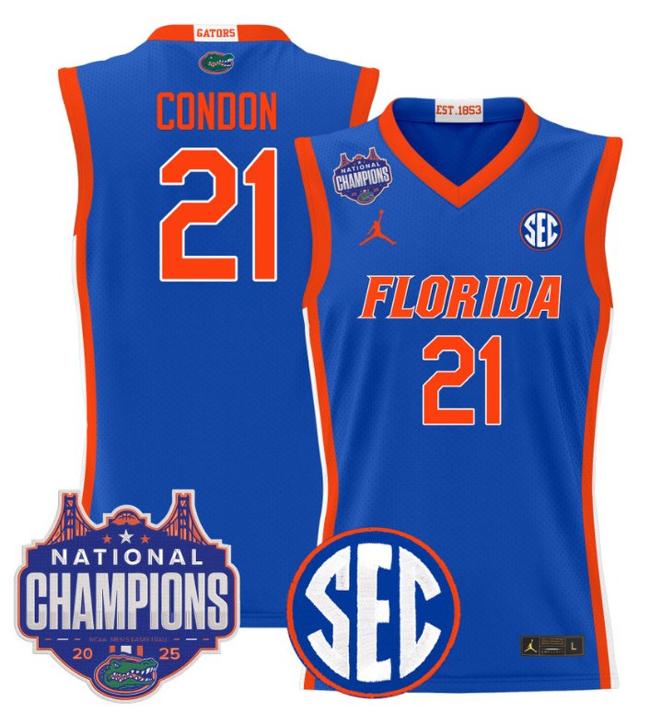 Men's Jordan Brand Alex Condon #21 Florida Gators 2025 NCAA Men's Basketball National Champions Patch Royal Stitched Jersey