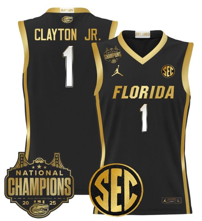 Men's Jordan Brand Walter Clayton Jr #1 Florida Gators 2025 NCAA Men's Basketball National Champions Black Gold Stitched Jersey