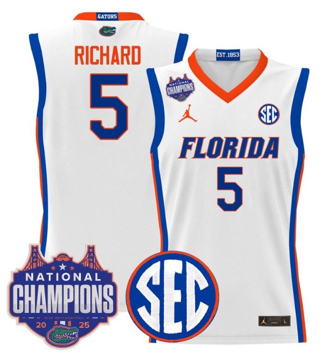 Men's Jordan Brand Will Richard #5 Florida Gators 2025 NCAA Men's Basketball National Champions Patch White Stitched Jersey
