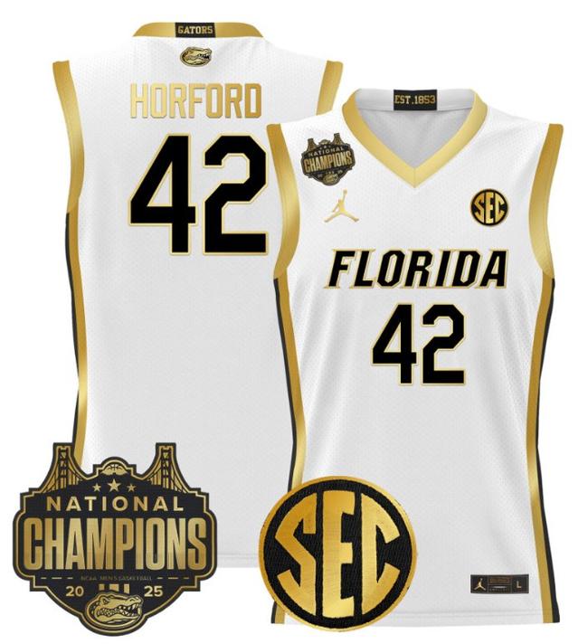 Men's Jordan Brand Al Horford #42 Florida Gators 2025 NCAA Men's Basketball National Champions Patch White Gold Stitched Jersey