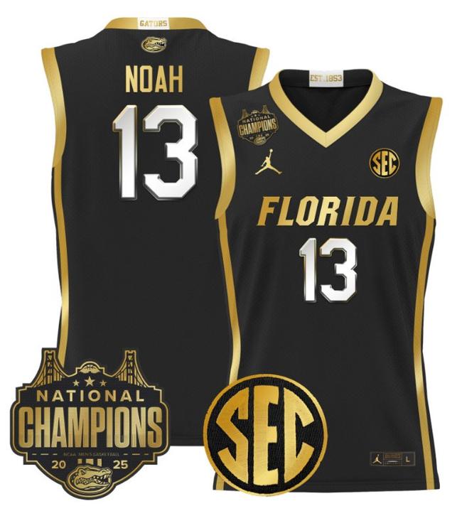 Men's Jordan Brand Joakim Noah #13 Florida Gators 2025 NCAA Men's Basketball National Champions Patch Black Gold Stitched Jersey