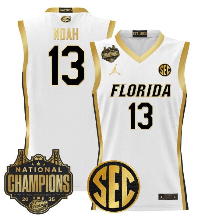 Men's Jordan Brand Joakim Noah #13 Florida Gators 2025 NCAA Men's Basketball National Champions Patch White Gold Stitched Jersey
