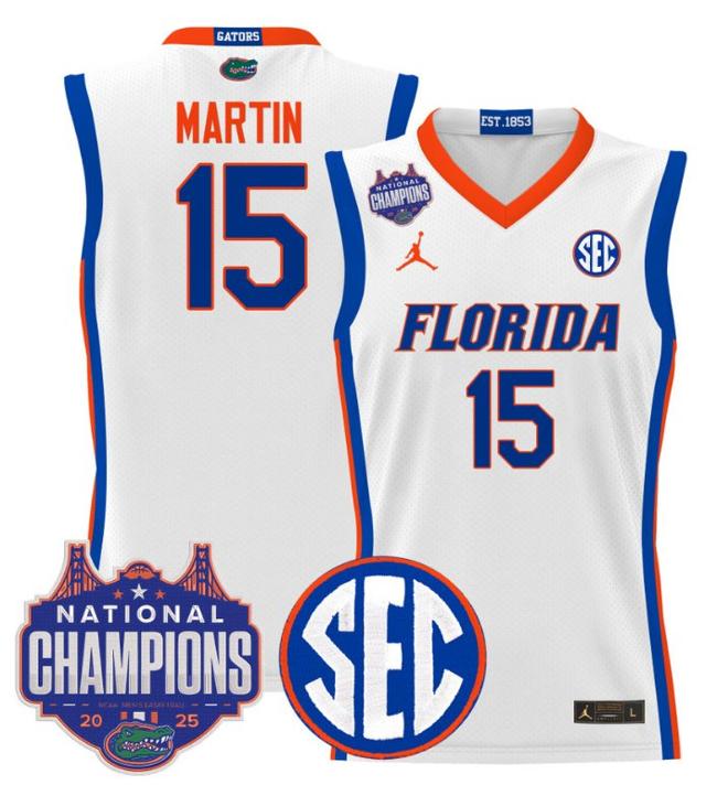 Men's Jordan Brand Alijah Martin #15 Florida Gators 2025 NCAA Men's Basketball National Champions Patch White Stitched Jersey