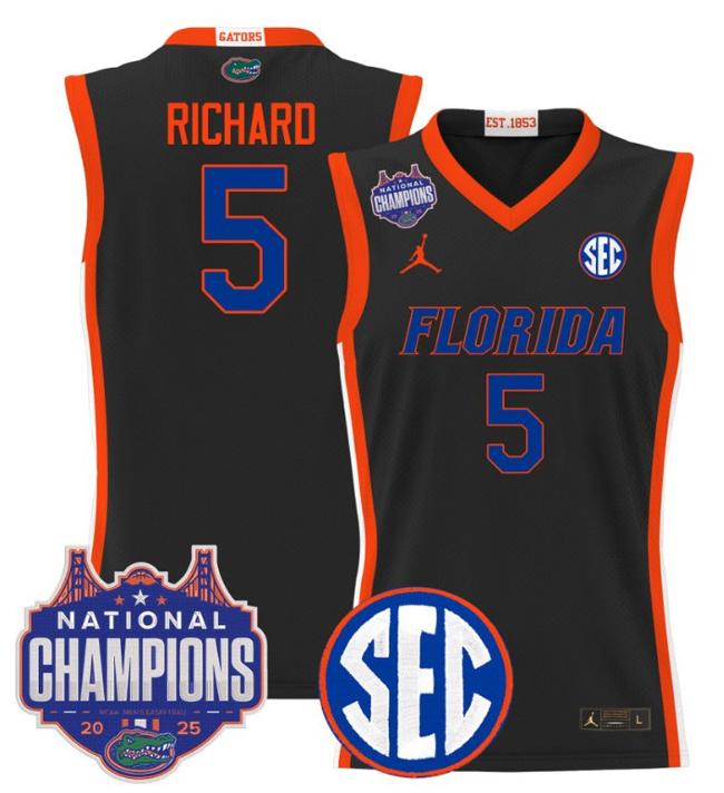 Men's Jordan Brand Will Richard #5 Florida Gators 2025 NCAA Men's Basketball National Champions Patch Black Stitched Jersey
