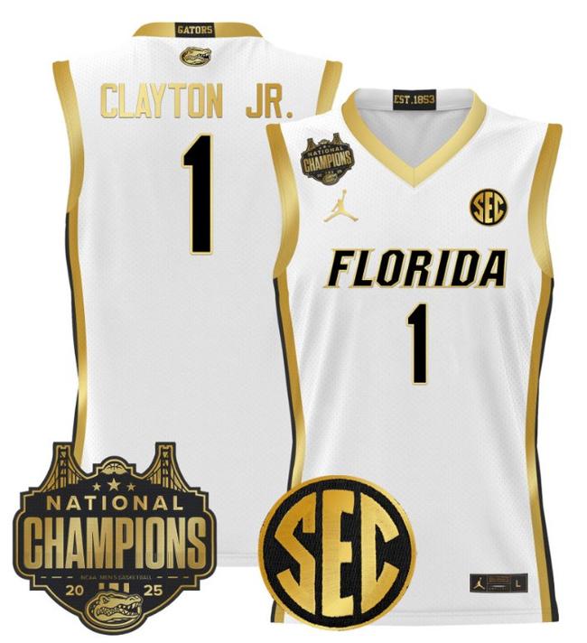 Men's Jordan Brand Walter Clayton Jr #1 Florida Gators 2025 NCAA Men's Basketball National Champions White Gold Stitched Jersey