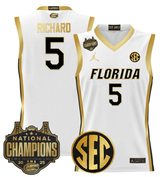 Men's Jordan Brand Will Richard #5 Florida Gators 2025 NCAA Men's Basketball National Champions Patch White Gold Stitched Jersey