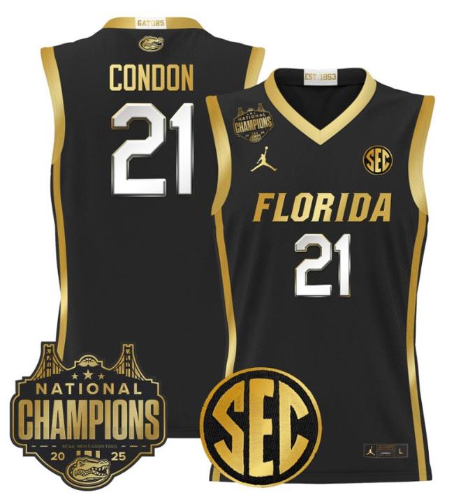 Men's Jordan Brand Alex Condon #21 Florida Gators 2025 NCAA Men's Basketball National Champions Patch Black Gold Stitched Jersey