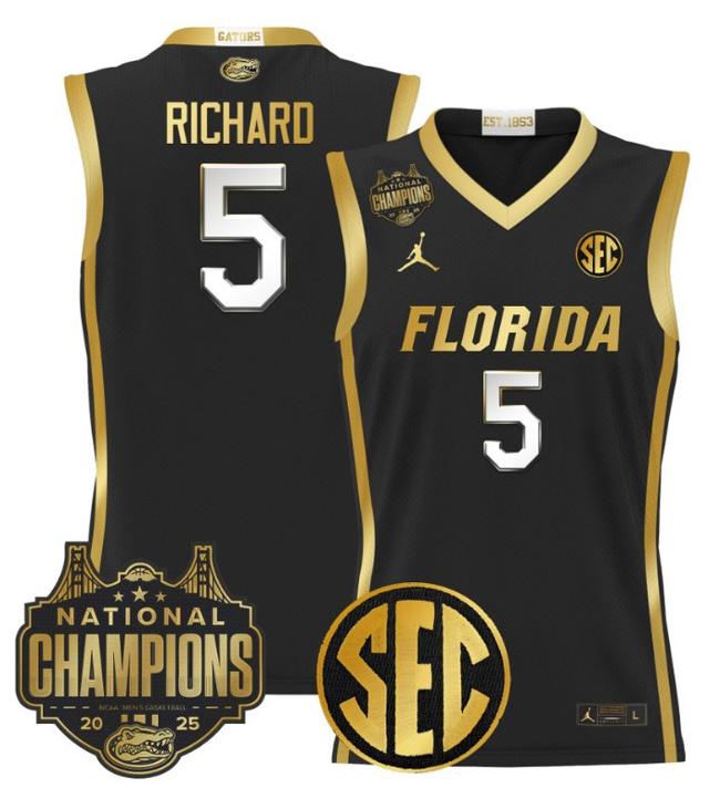 Men's Jordan Brand Will Richard #5 Florida Gators 2025 NCAA Men's Basketball National Champions Patch Black Gold Stitched Jersey