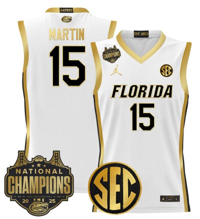 Men's Jordan Brand Alijah Martin #15 Florida Gators 2025 NCAA Men's Basketball National Champions Patch White Gold Stitched Jersey