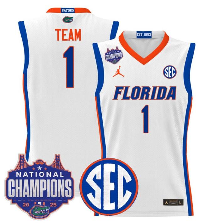 Men's Jordan Brand Team #1 Florida Gators 2025 NCAA Men's Basketball National Champions Patch Stitched White Stitched Jersey