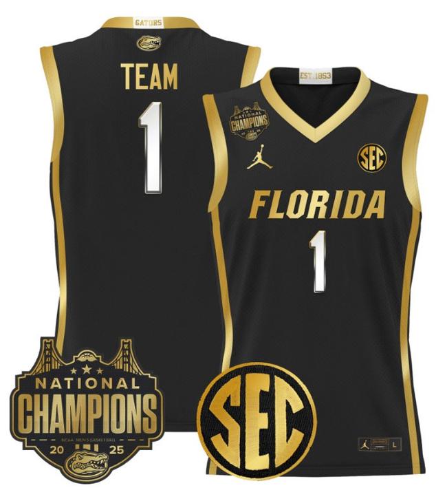 Men's Jordan Brand Team #1 Florida Gators 2025 NCAA Men's Basketball National Champions Patch Stitched Black Gold Stitched Jersey