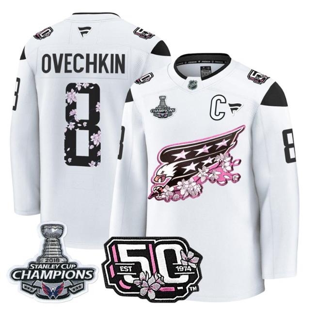 Men's Alex Ovechkin #8 Washington Capitals 50th 2018 Stanley Cup Champions Patch White Stitched NHL Jersey