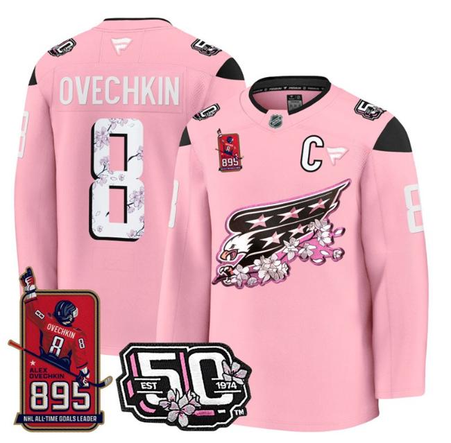 Men's Ovechkin #8 Washington Capitals All-Time Leading Goals Leader Patch Cherry Blossom Stitched NHL Jersey