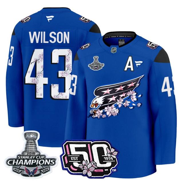 Men's Tom Wilson #43 Washington Capitals 50th 2018 Stanley Cup Champions Patch Royal Stitched NHL Jersey