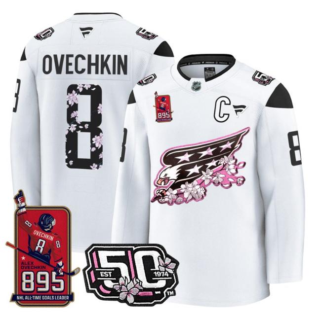 Men's Ovechkin #8 Washington Capitals All-Time Leading Goals Leader Patch White Stitched NHL Jersey