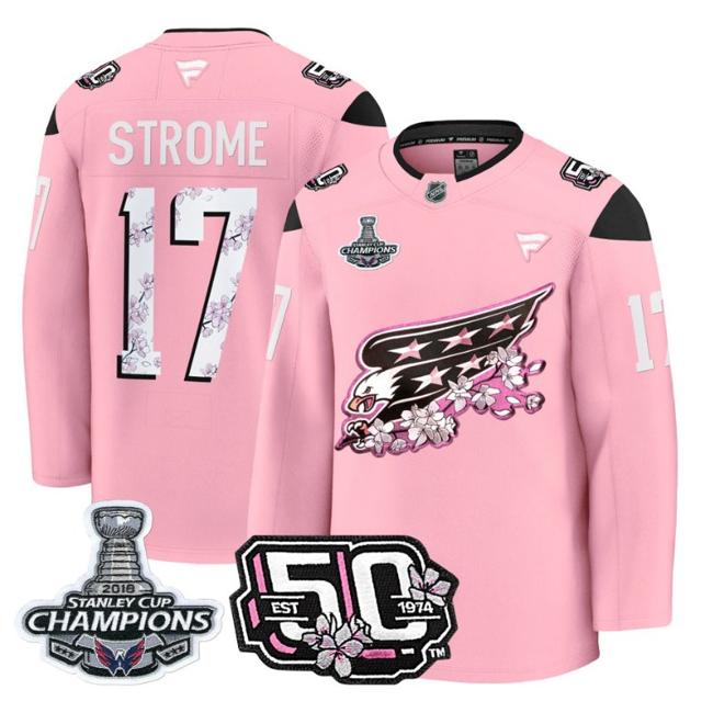 Men's Dylan Strome #17 Washington Capitals 50th 2018 Stanley Cup Champions Patch Cherry Blossom Stitched NHL Jersey