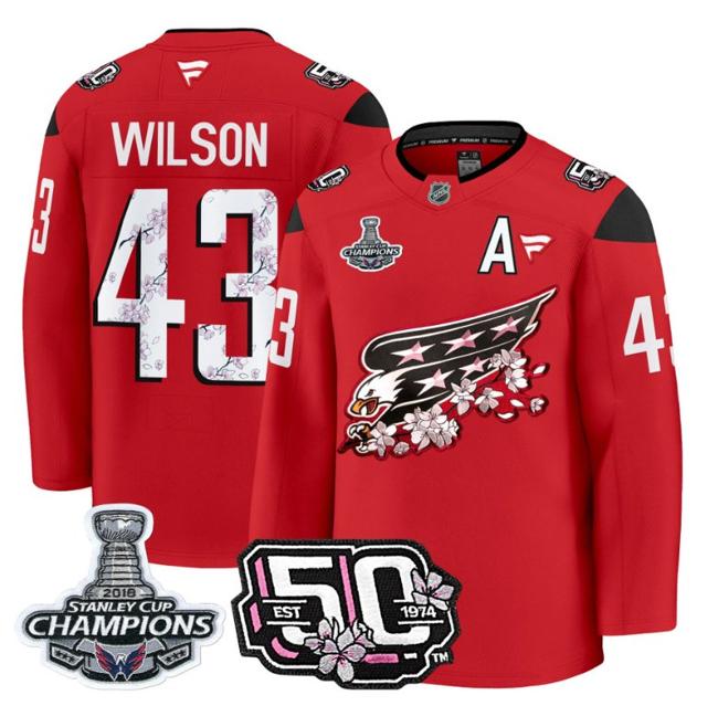 Men's Tom Wilson #43 Washington Capitals 50th 2018 Stanley Cup Champions Patch Red Stitched NHL Jersey