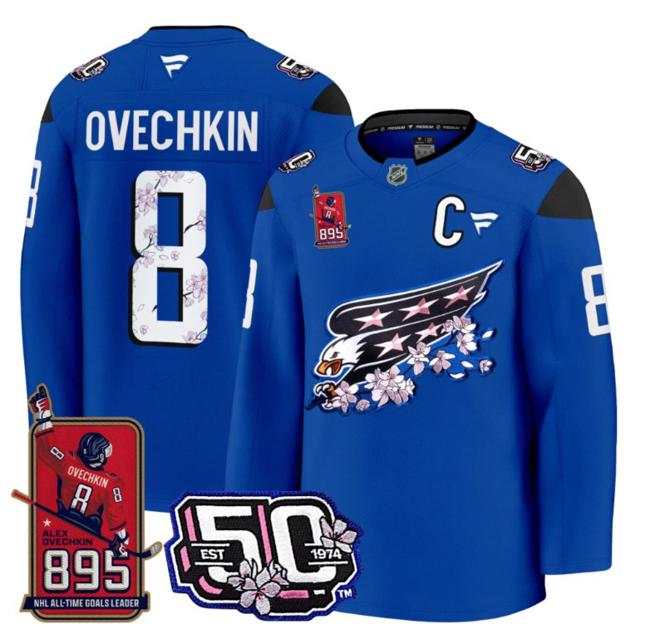 Men's Ovechkin #8 Washington Capitals All-Time Leading Goals Leader Patch Royal Stitched NHL Jersey