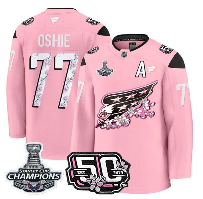 Men's T.J. Oshie #77 Washington Capitals 50th 2018 Stanley Cup Champions Patch Cherry Blossom Stitched NHL Jersey