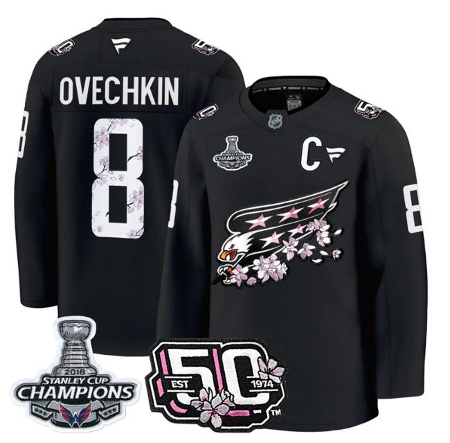 Men's Alex Ovechkin #8 Washington Capitals 50th 2018 Stanley Cup Champions Patch Black Stitched NHL Jersey