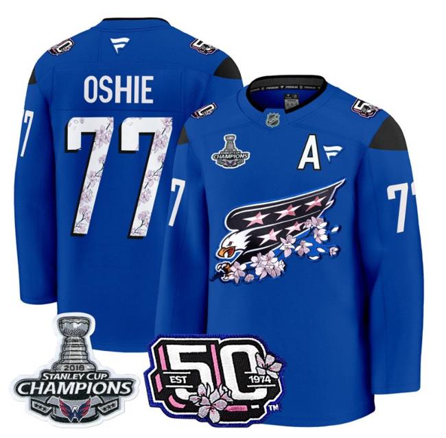 Men's T.J. Oshie #77 Washington Capitals 50th 2018 Stanley Cup Champions Patch Royal Stitched NHL Jersey