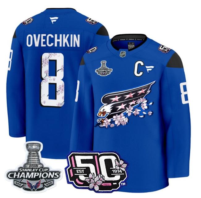 Men's Alex Ovechkin #8 Washington Capitals 50th 2018 Stanley Cup Champions Patch Royal Stitched NHL Jersey