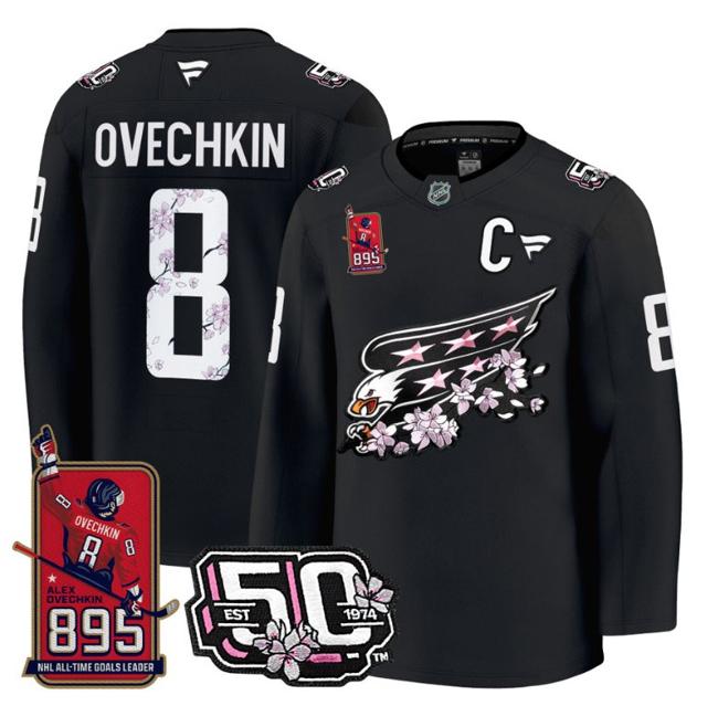 Men's Ovechkin #8 Washington Capitals All-Time Leading Goals Leader Patch Black Stitched NHL Jersey