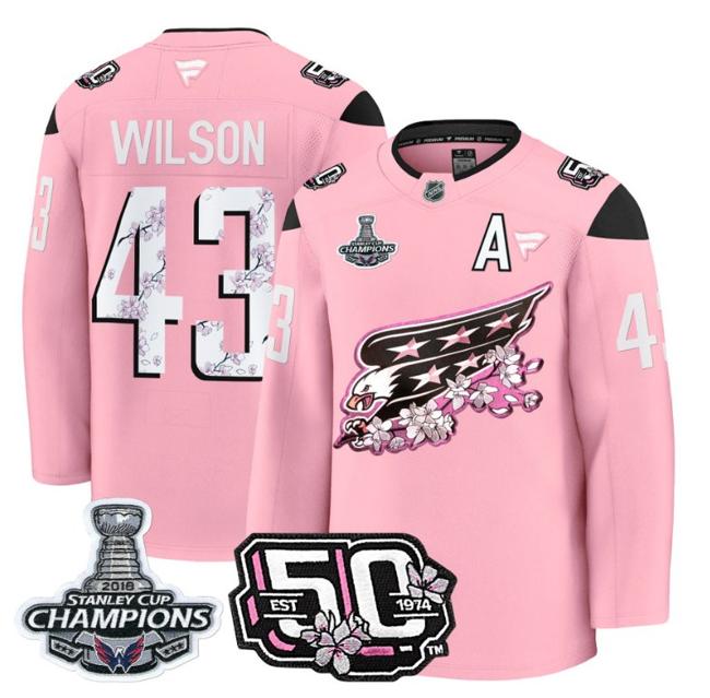 Men's Tom Wilson #43 Washington Capitals 50th 2018 Stanley Cup Champions Patch Cherry Blossom Stitched NHL Jersey