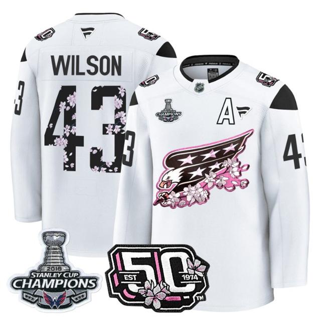 Men's Tom Wilson #43 Washington Capitals 50th 2018 Stanley Cup Champions Patch White Stitched NHL Jersey