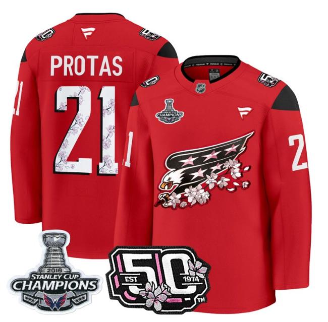 Men's Aliaksei Protas #21 Washington Capitals 50th 2018 Stanley Cup Champions Patch Red Stitched NHL Jersey