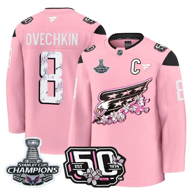 Men's Alex Ovechkin #8 Washington Capitals 50th 2018 Stanley Cup Champions Patch Cherry Blossom Stitched NHL Jersey