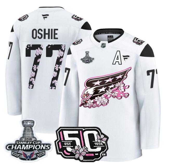 Men's T.J. Oshie #77 Washington Capitals 50th 2018 Stanley Cup Champions Patch White Stitched NHL Jersey