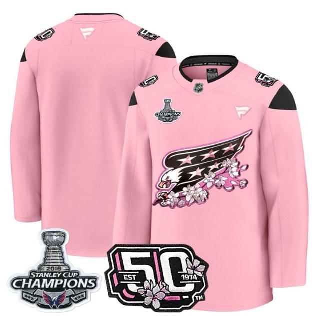 Men's Team Washington Capitals 50th 2018 Stanley Cup Champions Patch Stitched Cherry Blossom Stitched NHL Jersey