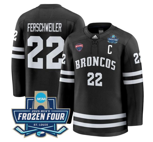 Men's adidas Pat Ferschweiler #22 Western Michigan Broncos 2025 NCAA Hockey Frozen Four Patch Stitched Black Jersey
