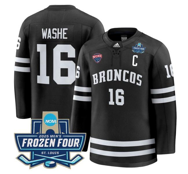 Men's adidas Tim Washe #16 Western Michigan Broncos 2025 NCAA Hockey Frozen Four Patch Stitched Black Jersey