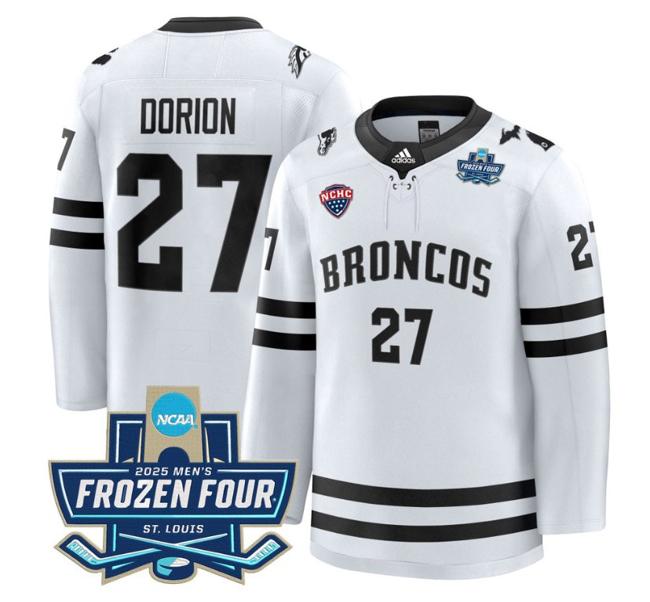 Men's adidas Dan Dorion #27 Western Michigan Broncos 2025 NCAA Hockey Frozen Four Patch Stitched White Jersey