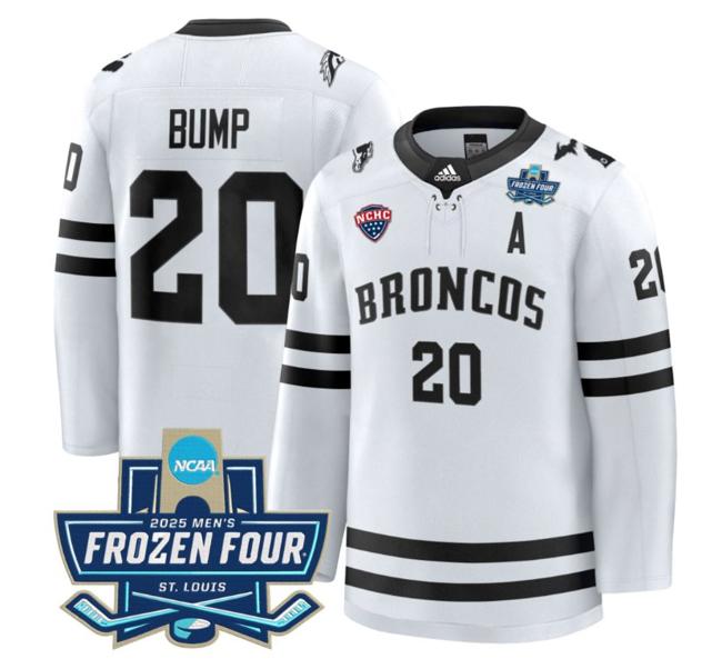 Men's adidas Alex Bump #20 Western Michigan Broncos 2025 NCAA Hockey Frozen Four Patch Stitched White Jersey