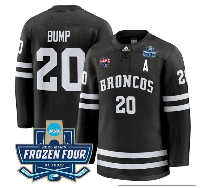 Men's adidas Alex Bump #20 Western Michigan Broncos 2025 NCAA Hockey Frozen Four Patch Stitched Black Jersey